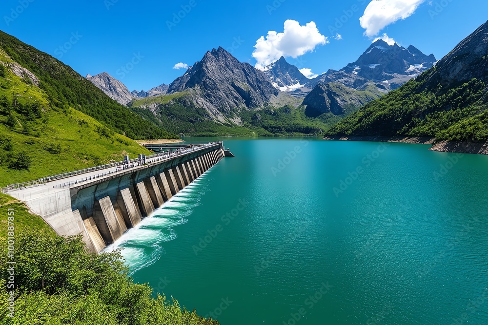 Hydropower station with a serene lake and mountains in the background, generating clean energy from water while preserving natural beauty Hydropower station with a serene lake and mountains in the background, generating clean energy from water while preserving natural beauty