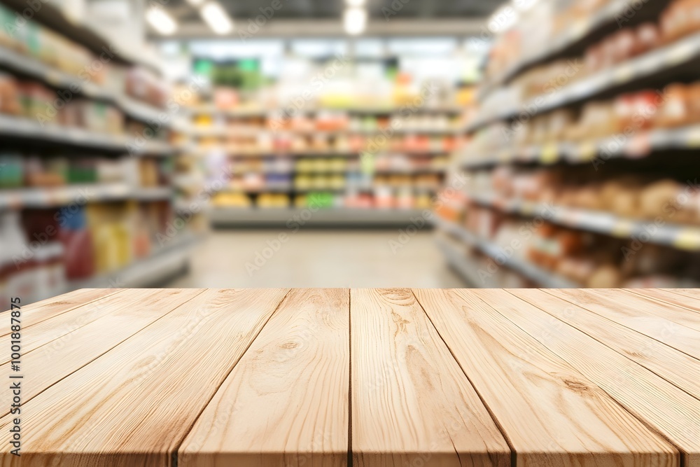 Empty horizontal wooden tabletop with blurred supermarket background for mockup, template design Empty horizontal wooden tabletop with blurred supermarket background for mockup, template design