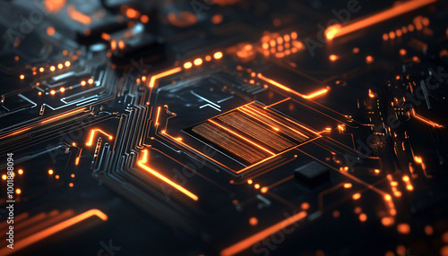 A close-up of a futuristic circuit board with glowing lines and components, evoking high-tech and digital precision