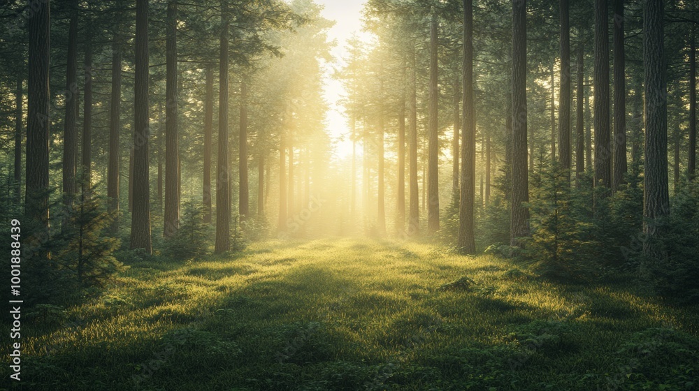 A peaceful forest at sunrise, with diffused light softly breaking through the mist A peaceful forest at sunrise, with diffused light softly breaking through the mist