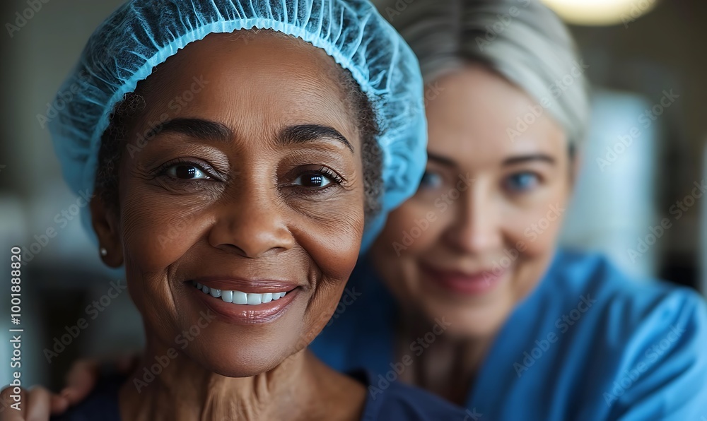 Happy senior black woman in a nursing home. Smiling old african american female pensioner being cared for by a nurse in a hospice for elderly Happy senior black woman in a nursing home. Smiling old african american female pensioner being cared for by a nurse in a hospice for elderly