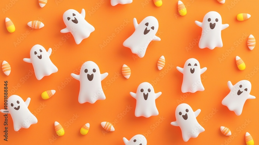 Spooky Fun with Cartoon Ghosts and Candy Corn on Orange Background - Halloween Kids Pattern in High Resolution 8K Spooky Fun with Cartoon Ghosts and Candy Corn on Orange Background - Halloween Kids Pattern in High Resolution 8K