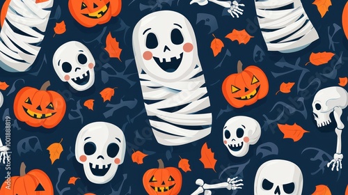 Spooky Cute Halloween Friends - Adorable Mummies and Skeletons in Playful Seamless Background | High Resolution 8K Image for Kids Projects