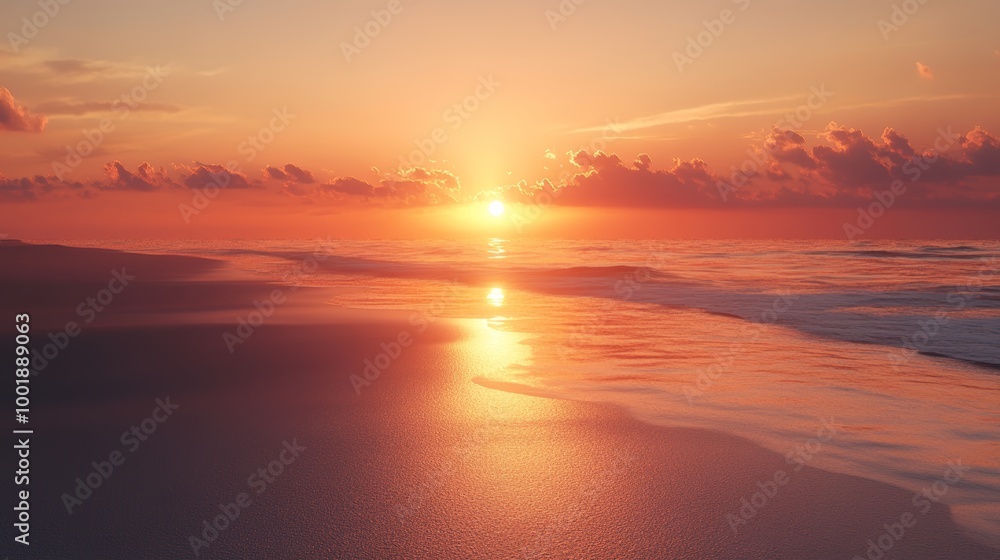 A quiet beach at golden hour, the sun setting in a blaze of orange and red A quiet beach at golden hour, the sun setting in a blaze of orange and red