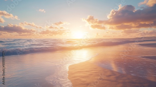 A quiet beach at golden hour, the sun sinking into the ocean