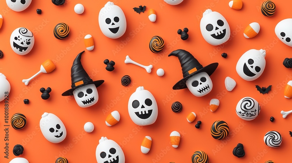 Spooky Fun Halloween Pattern with Smiling Candy Corn, Happy Skeletons, and Witches for Kids in High Resolution 8K Seamless Design Spooky Fun Halloween Pattern with Smiling Candy Corn, Happy Skeletons, and Witches for Kids in High Resolution 8K Seamless Design