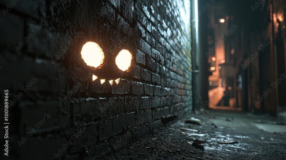 Fototapeta premium Eerie Urban Halloween Scene: Glowing Eyes in Dark Alley Shadows