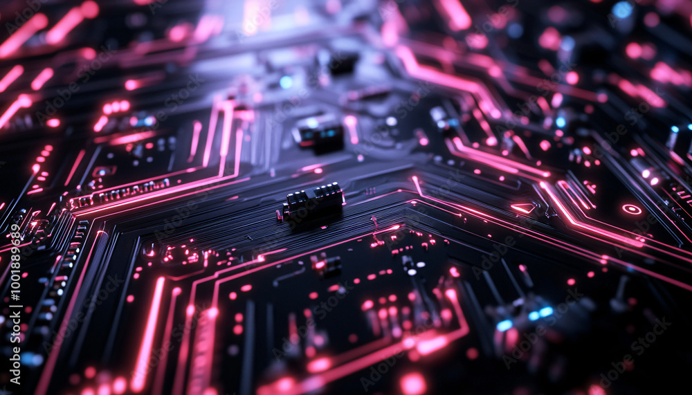 Fototapeta premium A close-up of a futuristic circuit board with glowing lines and components, evoking high-tech and digital precision