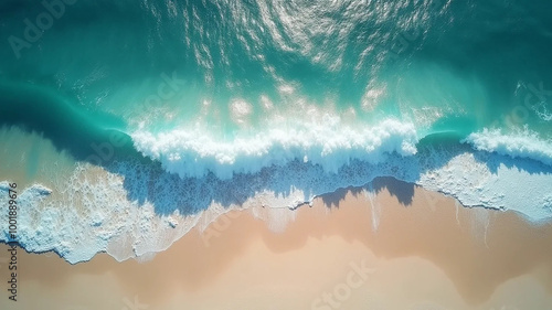 Top view on sea wave with white foam and light beige sand, widescreen 16:9, 300 dpi, with free space for text