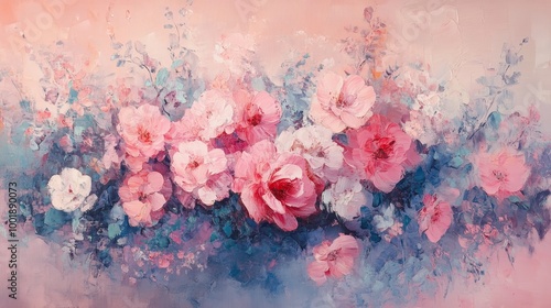 Wallpaper Mural Pastel pink floral explosion, abstract summer flowers, canvas oil painting, soft and dreamy texture, soft light glowing around the flowers, impressionist technique Torontodigital.ca