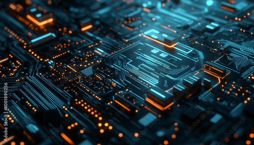 A close-up of a futuristic circuit board with glowing lines and components, evoking high-tech and digital precision A close-up of a futuristic circuit board with glowing lines and components, evoking high-tech and digital precision