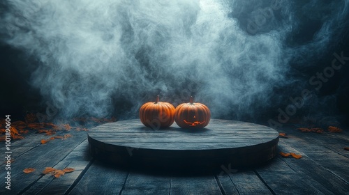 Round podium with pumpkins, swirling ethereal smoke surrounding them, floating in the dark void, with soft glowing light for a mysterious Halloween feel photo