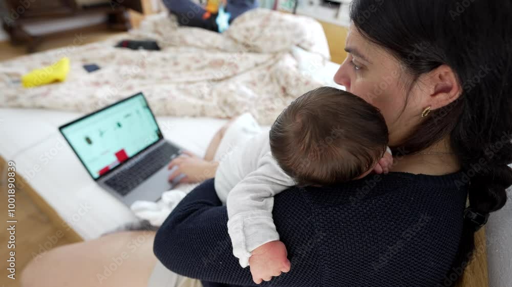Mother working on a laptop while holding a newborn baby, showcasing balance of professional duties and parental responsibilities, emphasizing modern family life and multitasking skills Mother working on a laptop while holding a newborn baby, showcasing balance of professional duties and parental responsibilities, emphasizing modern family life and multitasking skills
