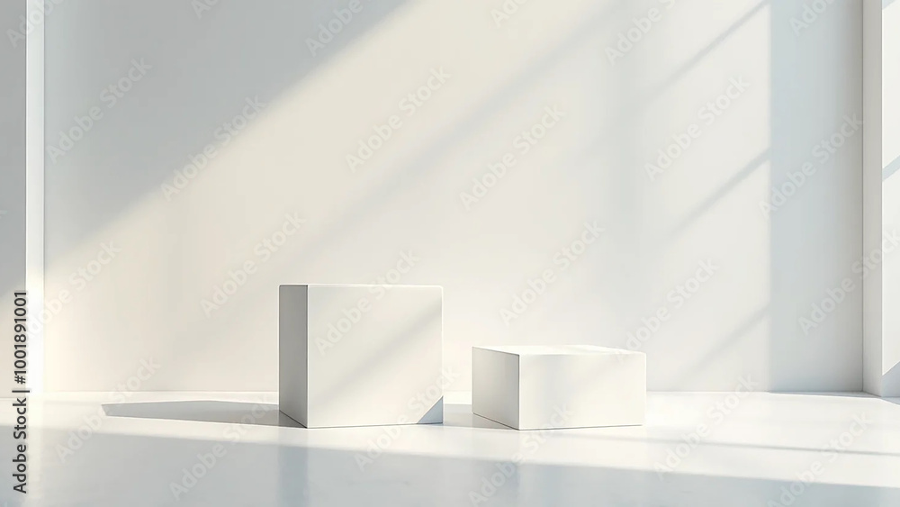White square podiums in sunlight with shadow in white space, widescreen 16:9, 300 dpi, with free space for text White square podiums in sunlight with shadow in white space, widescreen 16:9, 300 dpi, with free space for text