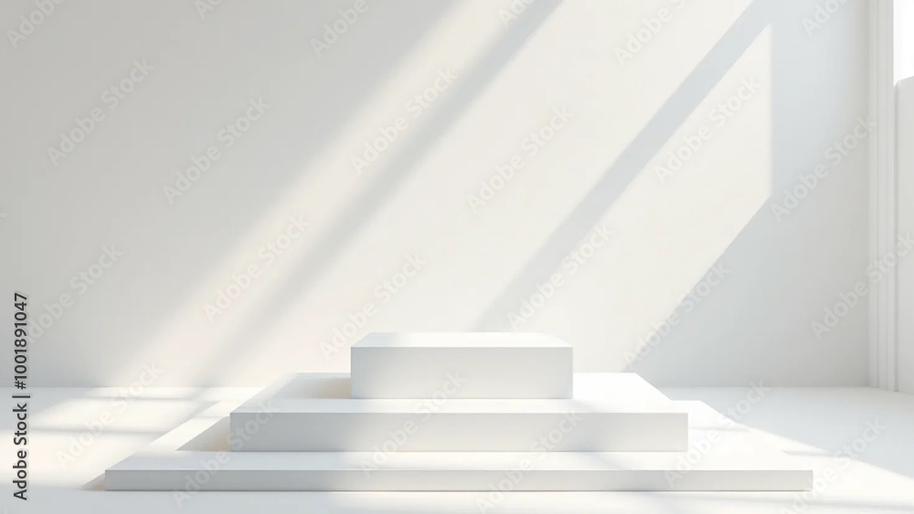 White square podiums in sunlight with shadow in white space, widescreen 16:9, 300 dpi, with free space for text White square podiums in sunlight with shadow in white space, widescreen 16:9, 300 dpi, with free space for text