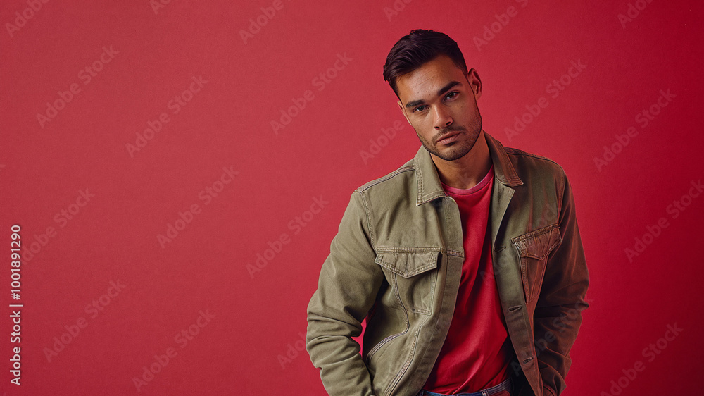 Fototapeta premium Young man in a green jacket and red t-shirt standing against a red background, leaning slightly and looking thoughtfully at the camera with a casual yet fashionable style