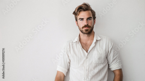 Young man in a white shirt standing against a plain light background, with a serious and confident expression, conveying a modern and rugged style