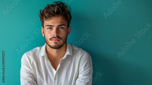 Young man in a white shirt standing against a teal background, looking directly at the camera with a calm and confident expression, embodying a modern and stylish appearance