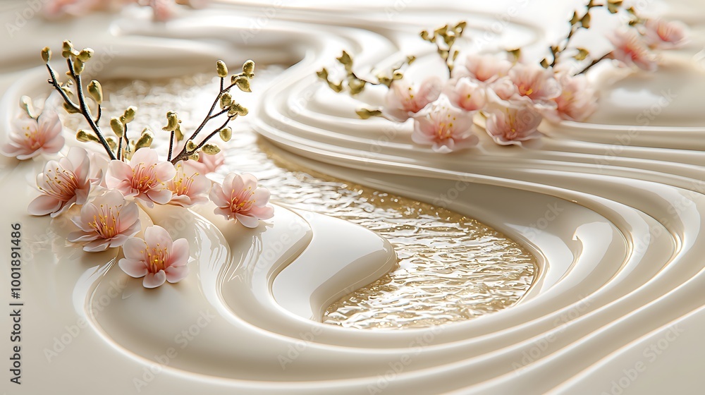Pink cherry blossoms swirl on a backdrop of white liquid, touched with hints of gold. Pink cherry blossoms swirl on a backdrop of white liquid, touched with hints of gold.