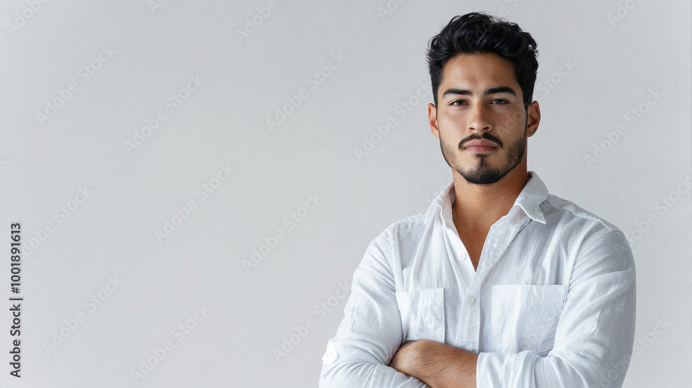 Young man with folded arms and a confident expression wearing a white shirt against a neutral background Young man with folded arms and a confident expression wearing a white shirt against a neutral background