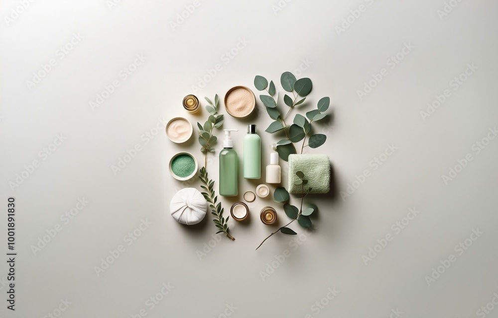 A circle of spa essentials, including bottles, jars, a towel, and green leaves, on a light gray background. A circle of spa essentials, including bottles, jars, a towel, and green leaves, on a light gray background.