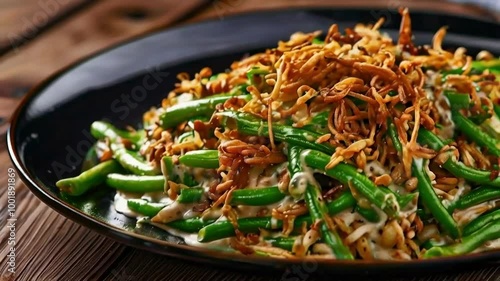 A Delicious Green Bean Casserole with Crispy Fried Onions, served on black plate