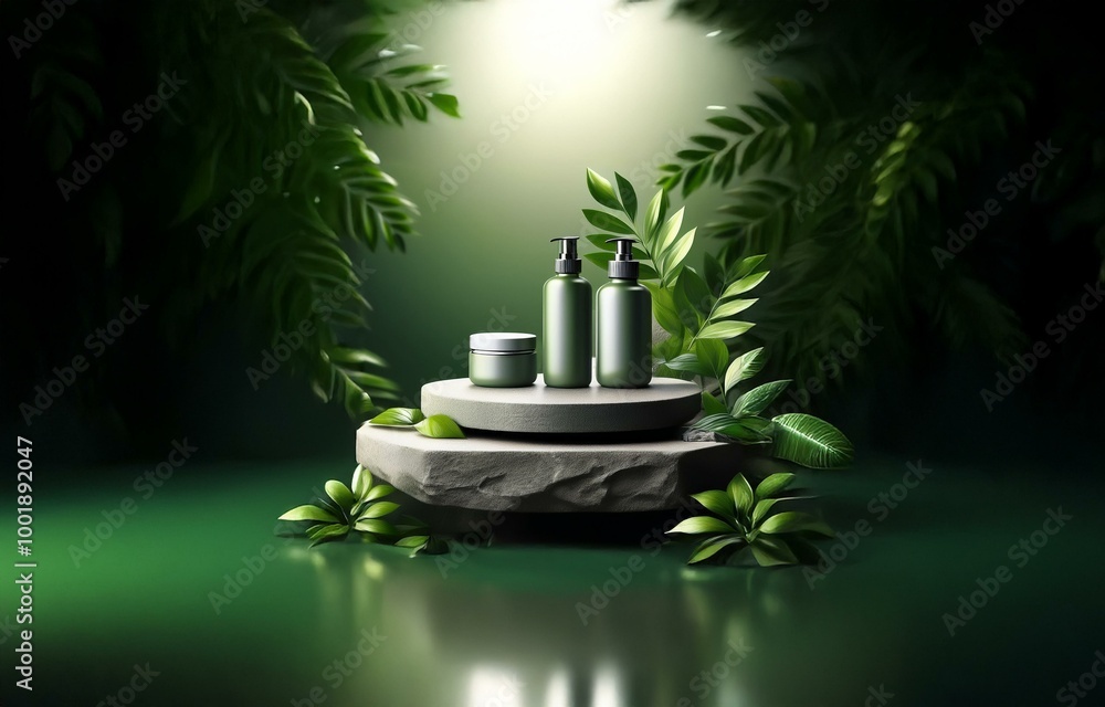 Two bottles and a jar of green beauty products sit on a stone podium surrounded by lush green foliage. Two bottles and a jar of green beauty products sit on a stone podium surrounded by lush green foliage.