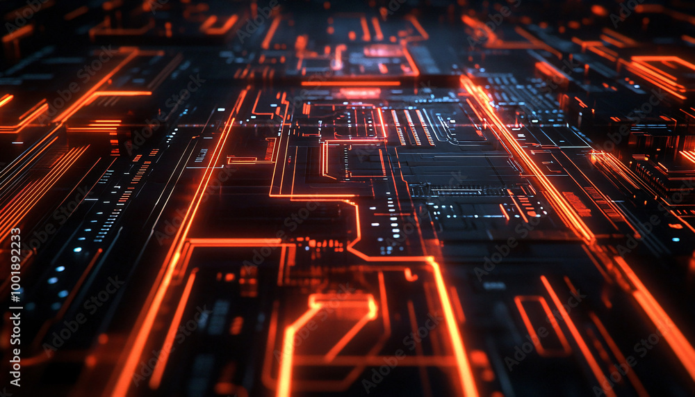 A close-up of a futuristic circuit board with glowing lines and components, evoking high-tech and digital precision A close-up of a futuristic circuit board with glowing lines and components, evoking high-tech and digital precision