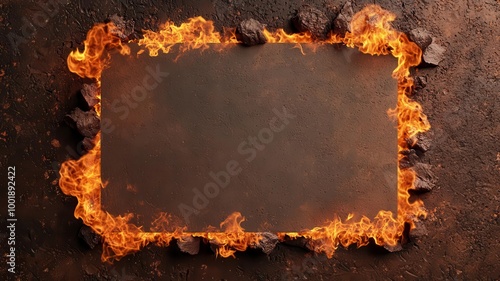 Blank frame surrounded by flames, ideal for graphic designs. photo