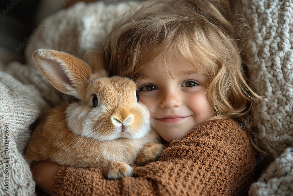 Child with Bunny in Cozy Blanket Setting Child with Bunny in Cozy Blanket Setting