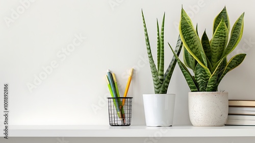 A book along with a bucket of pens and a sansevieria cylindrica plant on a white wall shelf
