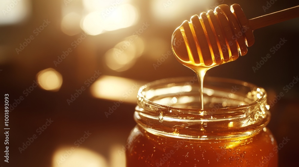 A close-up shot of a honey jar. Dipper is slowly dripping honey. Delicious honey A close-up shot of a honey jar. Dipper is slowly dripping honey. Delicious honey