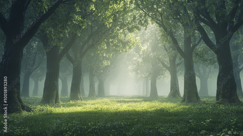 Fototapeta premium A dense forest at daybreak, shrouded in mist