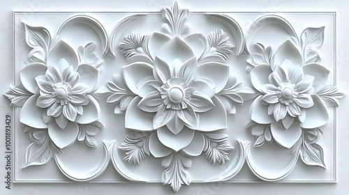 A white floral carving, beautifully rendered as a 3D wall panel, intricate and elegant.
