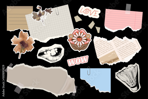 Set of notepaper cut , rip paper effect, craft, notebook, sheets, stickers, halftone elements,  trendy collage, vector