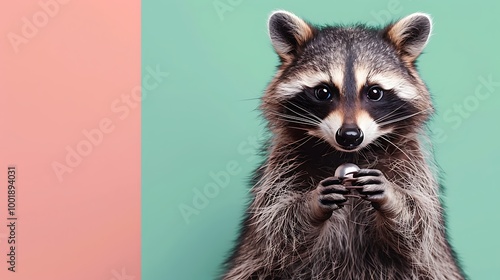 A curious raccoon holding a shiny object on a green and pink background