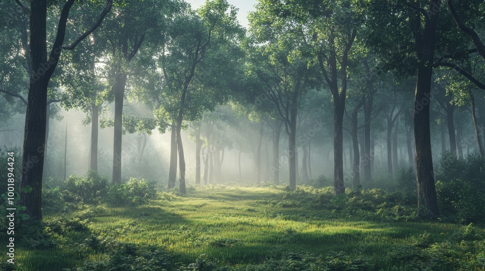 Obraz premium A foggy forest at dawn, with soft light gently filtering through the canopy