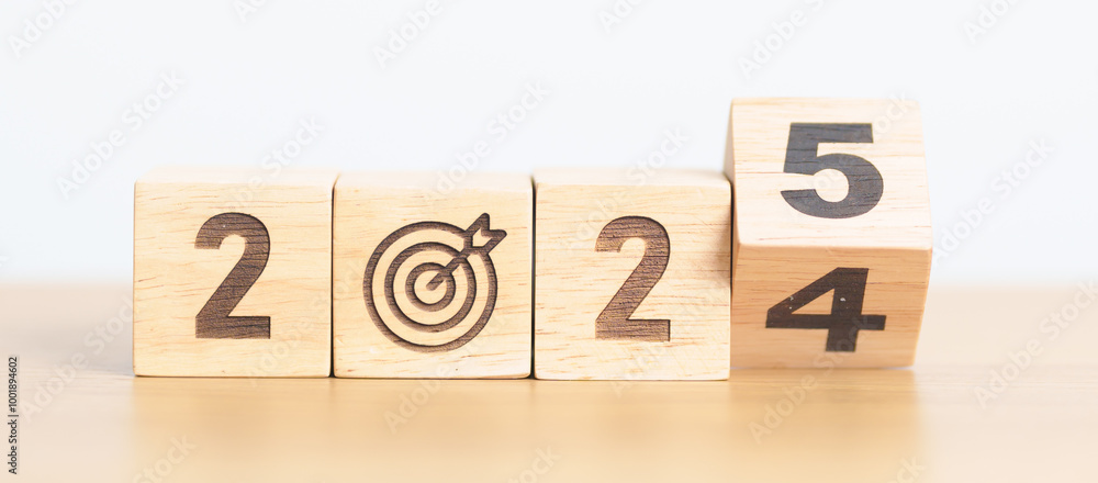 2024 year change to 2025 year block with dartboard icon. Goal, Target, Resolution, strategy, plan, Action, mission, motivation, and New Year start concepts 2024 year change to 2025 year block with dartboard icon. Goal, Target, Resolution, strategy, plan, Action, mission, motivation, and New Year start concepts
