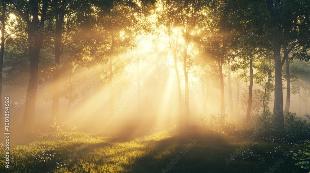 Fototapeta premium A foggy forest at sunrise, with golden rays of sunlight gently filtering through the mist