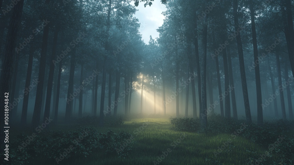 Fototapeta premium A foggy forest scene at sunrise, with faint rays of sunlight barely filtering through the mist