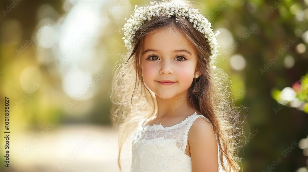 Beautiful Italian Girl in Flower Girl Dress Standing in a Garden Wedding Venue Beautiful Italian Girl in Flower Girl Dress Standing in a Garden Wedding Venue