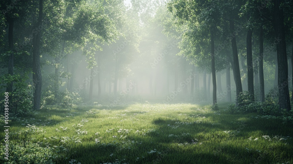 Fototapeta premium A foggy morning in a tranquil forest, with light gently filtering through the mist