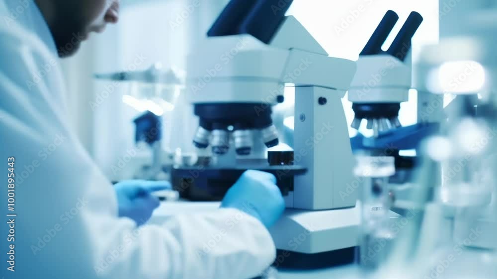 Scientist is adjusting a microscope slide while conducting research in a modern laboratory, surrounded by scientific equipment Scientist is adjusting a microscope slide while conducting research in a modern laboratory, surrounded by scientific equipment