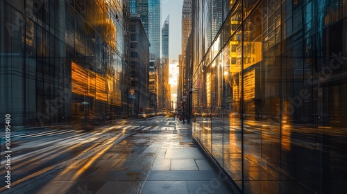 A city street with a view of skyscrapers reflecting in the glass walls of a building.