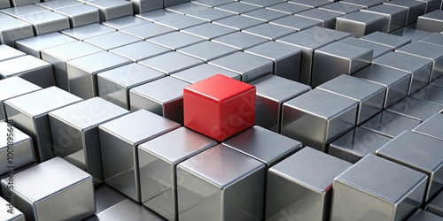 A single red cube stands out amidst a sea of metallic gray cubes, symbolizing individuality and uniqueness in a homogeneous environment.