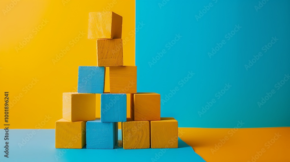 A set of building blocks arranged in a tower on a blue and yellow background A set of building blocks arranged in a tower on a blue and yellow background