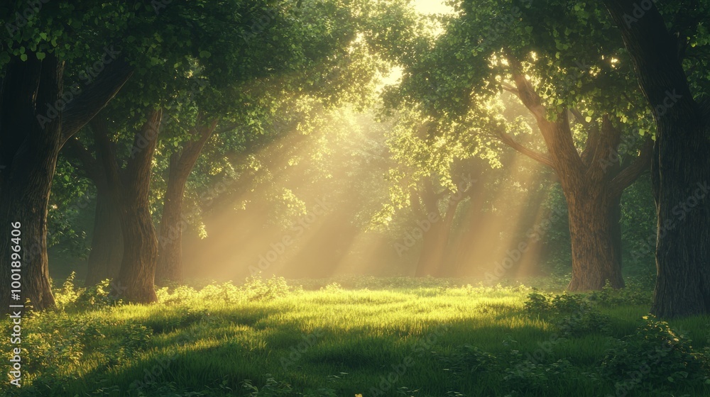 Obraz premium A misty forest at dawn, with faint rays of sunlight filtering through the thick canopy