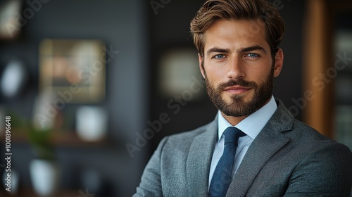 Confident businessman in a tailored suit poses in a modern office setting during the day, exuding professionalism and charisma