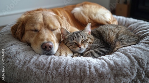 Wallpaper Mural Cozy Companionship of Dog and Cat in Comforting Bed Torontodigital.ca