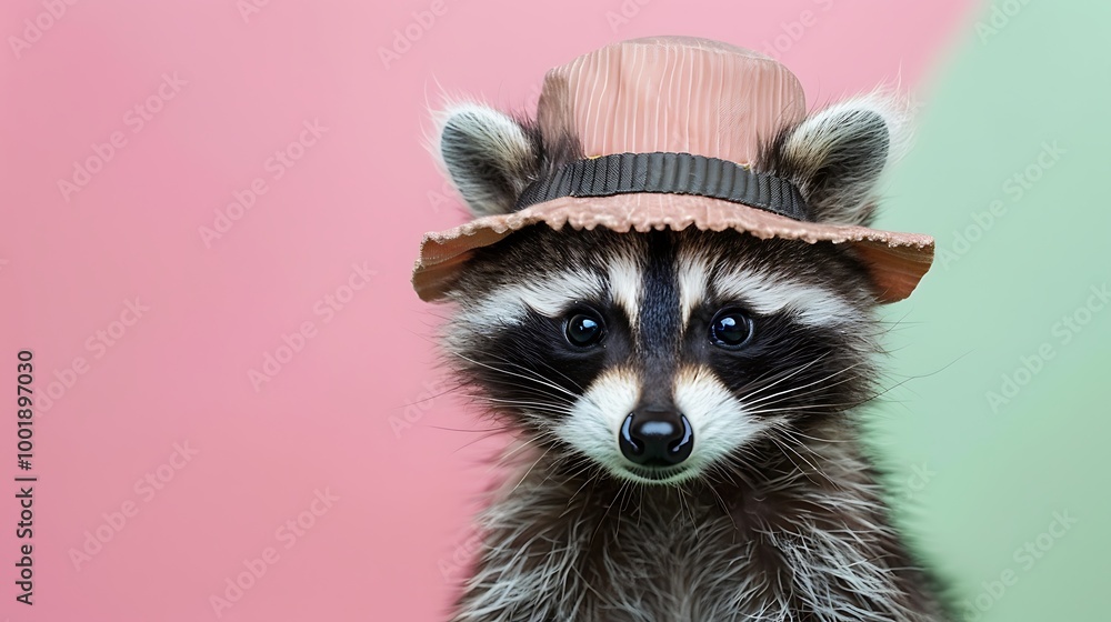 A sweet baby raccoon with a tiny hat on a green and pink background A sweet baby raccoon with a tiny hat on a green and pink background